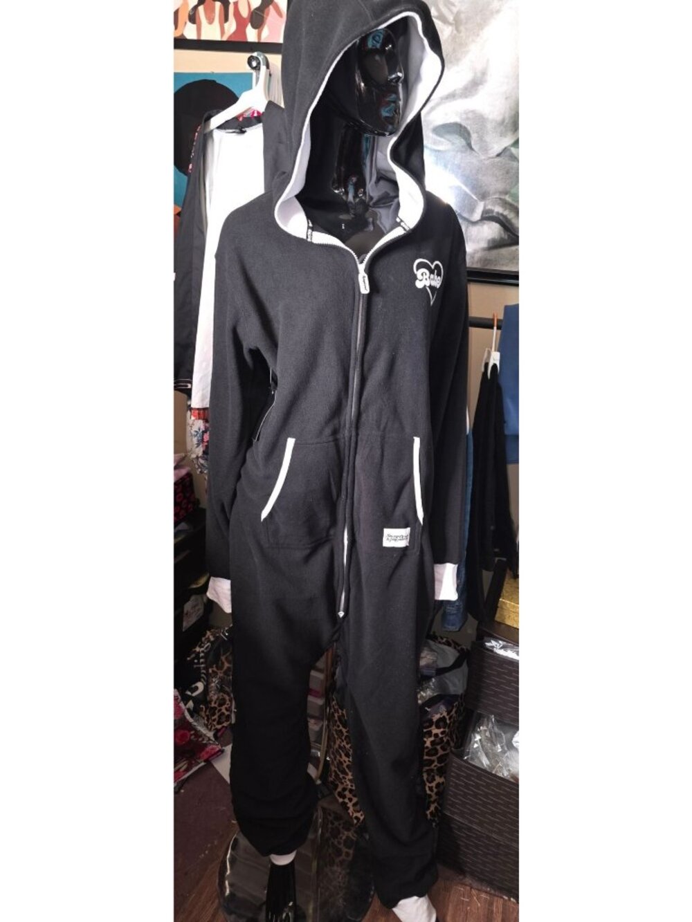 Tipsy Elves Bachelorette Babe Black Hooded Jumpsuit L Soft Fleece Full-Zip Pocke